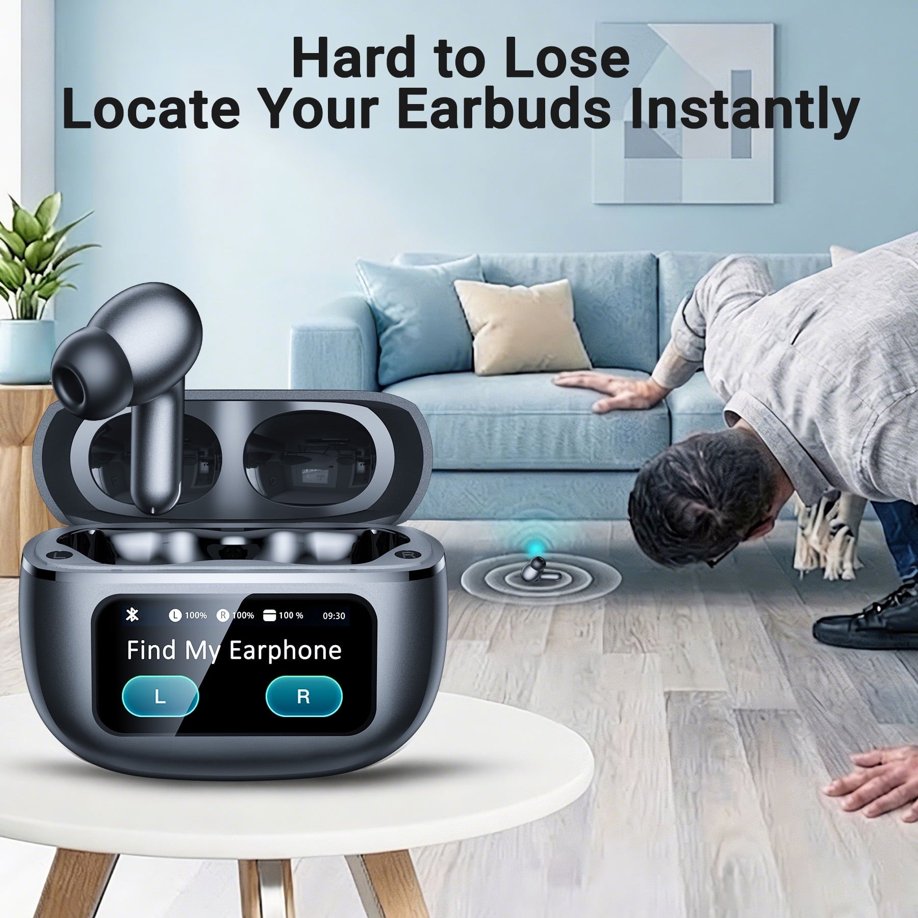 VEAT00L Active Noise Cancelling Wireless Earbuds with Smart Touch Screen, HiFi Stereo Sound, ENC Clear Call Ear Buds, 80H Playtime, IPX7 Waterproof, Transparency Mode，5 EQ for iOS Android